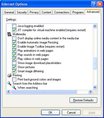 Advanced Tab from the Internet Options dialog box