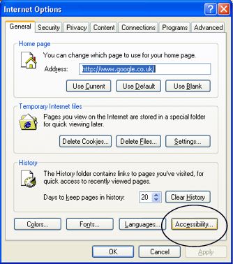Dialog box. Click Accessibility circled in the screen shot